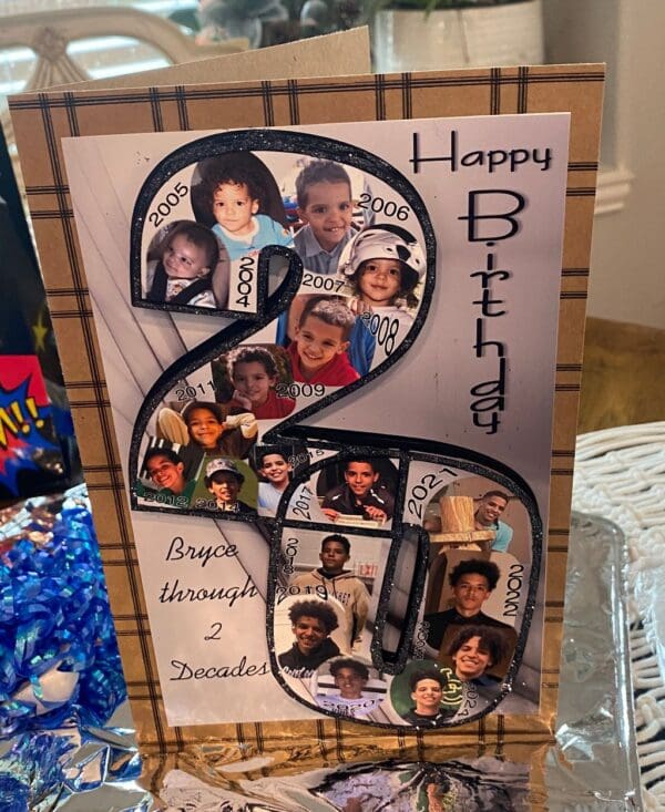 A birthday card with pictures of children and the words " happy birthday ".